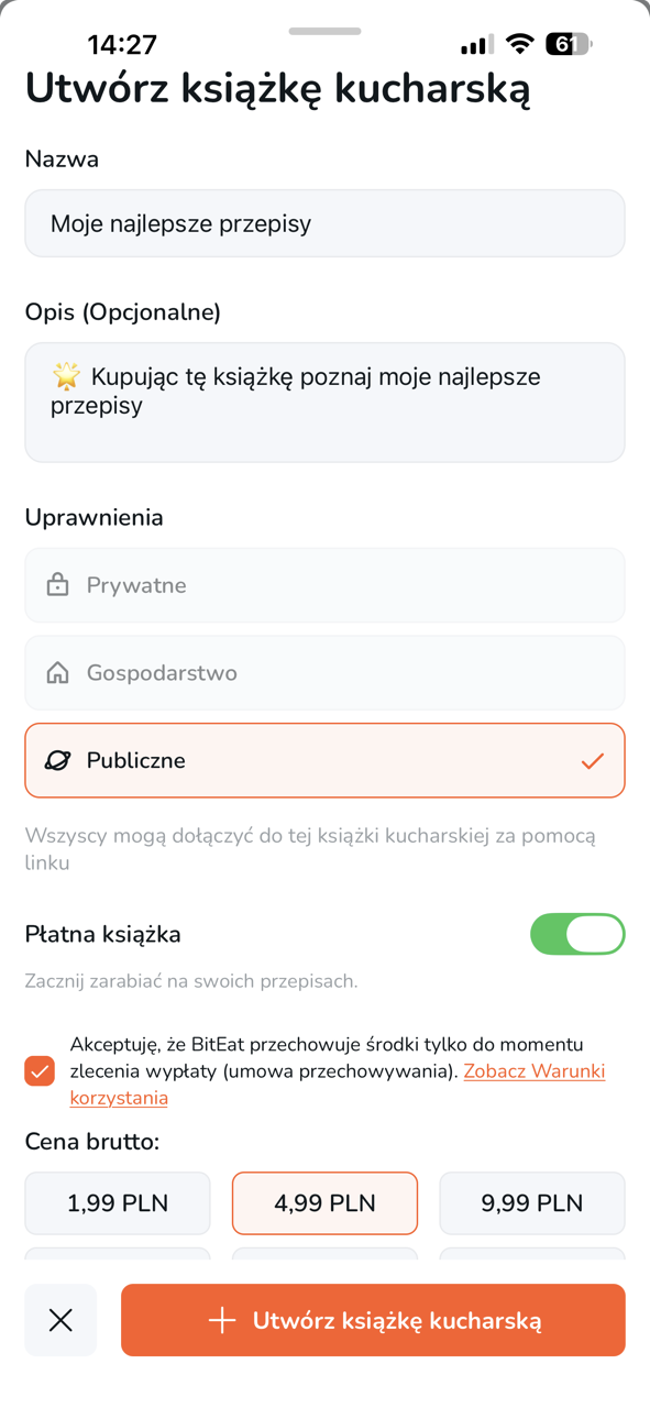 BitEat app screen for creating a paid cookbook with price tiers